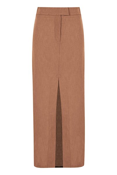 Whenever Company Kahve Tarçın Normal Bel Önden Yırtmaçlı Midi Etek