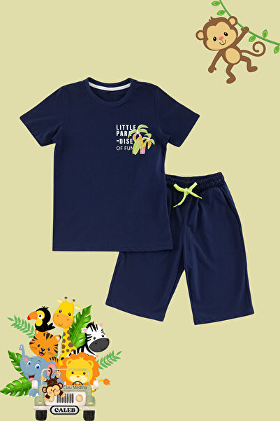 TRENDYOLKIDS Navy Blue Male Child 100% Cotton Tropical Printed Knitted T-Shirt Shorts Bottom-Top Suit Tkdss24Au00005