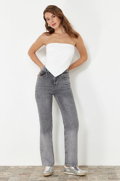 Trendyol Collection Gray More Sustainable Color Block High Waist Wide Leg Jeans TWOSS24JE00315