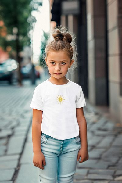 TRENDYOLKIDS تي شيرت أبيض بنمط الشمس للفتيات - كم قصير، محبوك TKDSS24TS00009