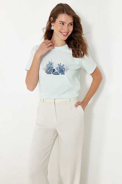 Trendyol Collection Blue Regular/Normal Pattern Stone Embroidered Knitted T-Shirt TWOSS24TS00269