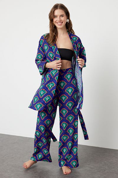 Trendyol Collection Geometric Pattern Belted Woven Kimono Pants Beach Suit Tbess24Au00072