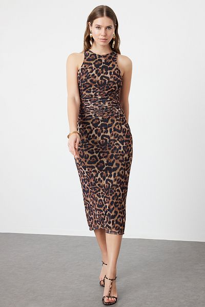 Trendyol Collection Braunes, mehrfarbiges, gestricktes Tüllkleid mit Animalprint und Leopardenmuster, stilvolles Abendkleid TPRSS24EL00202