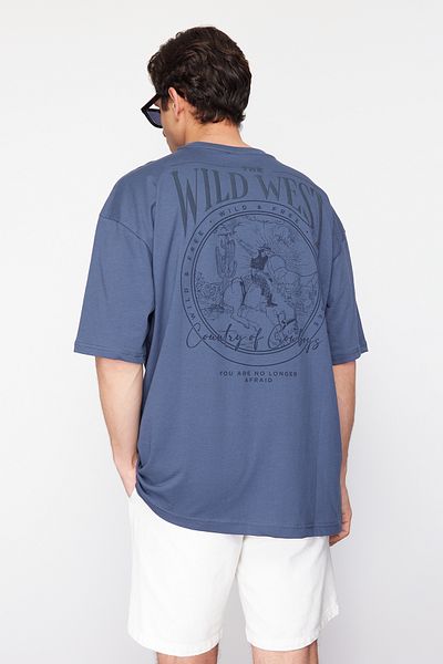 Trendyol Collection Μπλουζάκι Indigo Oversize Βαμβακερό εμπριμέ πίσω - TMNSS24TS00003