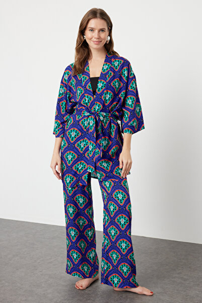 Trendyol Collection Geometric Pattern Belted Woven Kimono Pants Beach Suit Tbess24Au00072