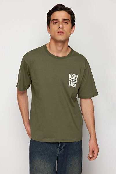 Trendyol Collection Khaki Oversize/Wide Cut Text Printed T-Shirt Tmnss21Ts1685