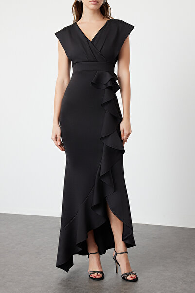 Trendyol Collection Μακρύ μαύρο κομψό βραδινό φόρεμα - Λεπτομέρεια βολάν, υφαντό TPRSS24AE00251