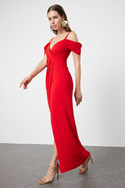 Trendyol Collection Long Red Belted Woven Evening Dress - TPRSS24AE00250