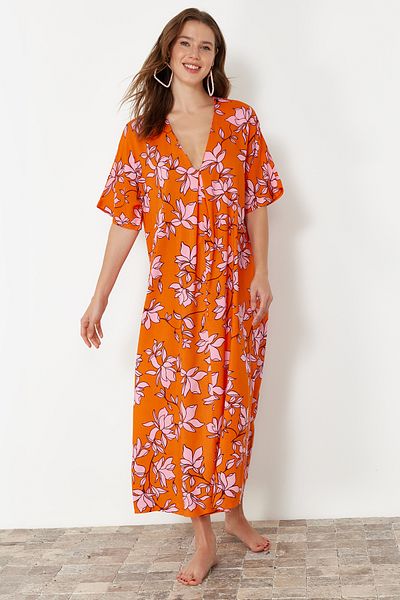 Trendyol Collection Wide Fit Midi Floral Patterned Beach Dress - TBESS24EL00143