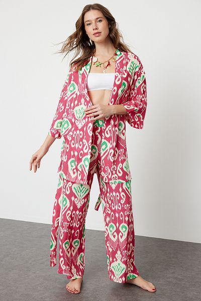 Trendyol Collection Ethnic Pattern Belted Woven Kimono Pants Beach Suit Tbess24Au00072