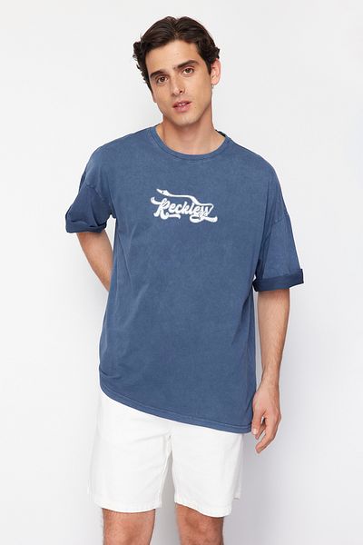 Trendyol Collection Μπλουζάκι Indigo Oversize Αντίκα Βαμβακερό Μπλουζάκι - TMNSS24TS00120