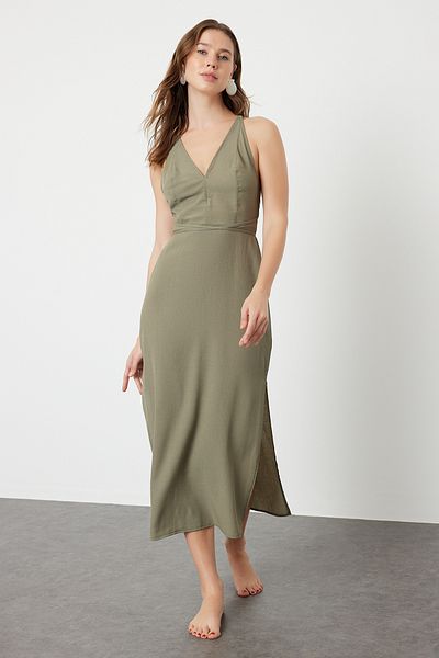 Trendyol Collection Пляжна ткана сукня міді без спинки хакі TBESS22EL0727