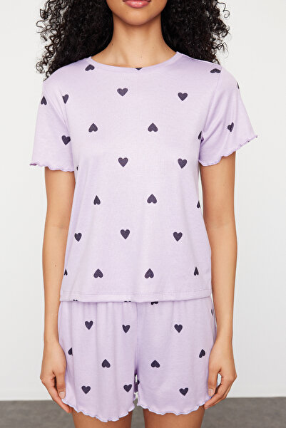 Trendyol Collection Lilac Heart Slogan Printed Rubber Detailed Knitted Pajamas Set with Ribbed Shorts Thmss24Pt00220