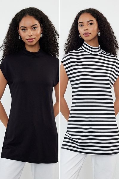 Trendyol Modest 2er-Pack schwarz-weiß gestreifte Tunika mit Stehkragen und ärmellosem Futter - TCTSS21UK0033