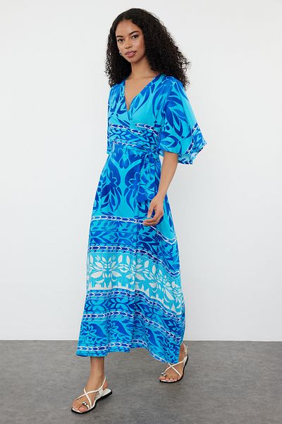 Trendyol Collection Rochie albastră cu guler dublu cu model etnic - Cu centură, linie A TWOSS24EL01046