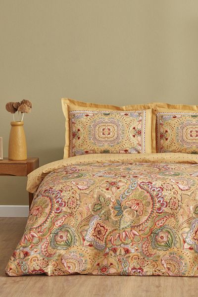 Karaca Home Set cuvertură dublă de pilota Manas Mustard 100% bumbac