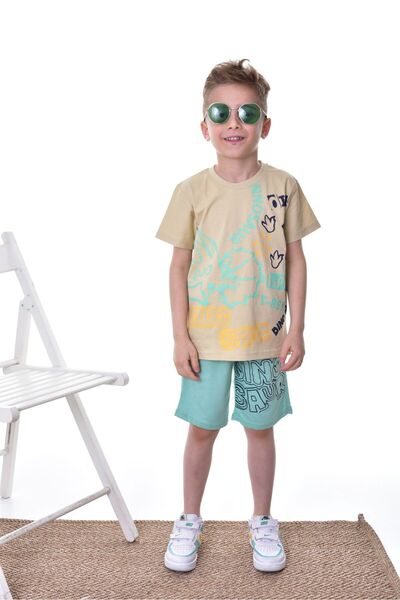 TRENDYOLKIDS Mint Male Child Cotton Slogan Pattern T-Shirt Shorts Set Knitted Top-Down Set Tkdss24Au00030