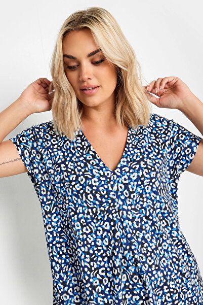 Stil Diva Büyük Beden V Yaka Leopar Desenli Kısa Kollu Bluz 321780