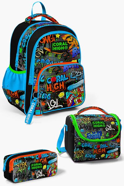 Coral High Coral High Kids 3-Piece Graffiti Patterned Black Blue ученически несесер - SET0114415