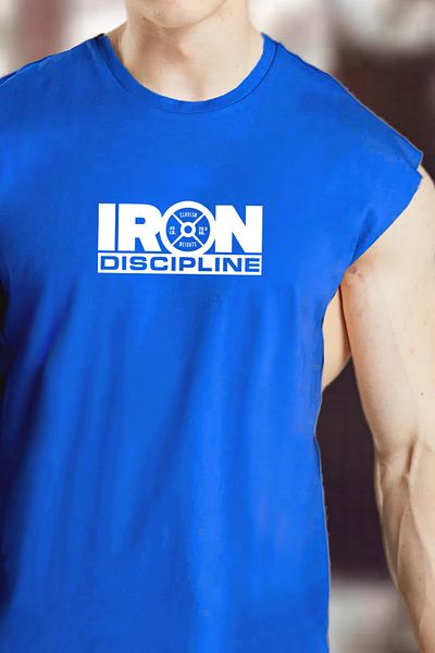 BESSA Men's Blue Oversize Crew Neck Cotton Sleeveless T-shirt - Iron Discipline Printed/Atlet