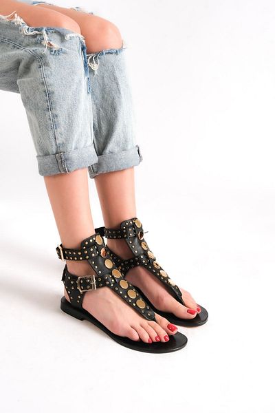 BODRUMLU SİNCE 1941 100% Genuine Leather Handmade Flat Women's Sandals Cleopatra Black Metal