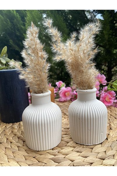 Hepsi Moda Scandinavian Decorative 10 cm Concrete Vase - Pampas and Figurine Set of 2
