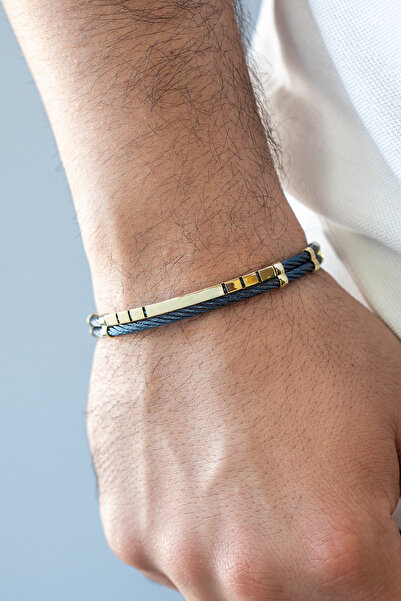 Cenova Jewelry 14 Ayar Altın Lacivert Renkli Çelik Kelepçe Erkek Bilekliği