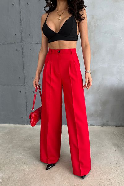 Ortaya Çık Red Pleated Fabric Palazzo Trousers