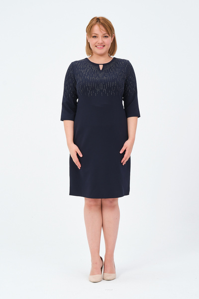 Oktay Ithal Krep Damla Yaka Ithal Taşlı Lacivert Renk Büyük Beden Abiye Elbise