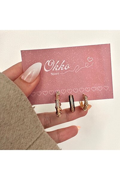 Okko Store Siyah Mineli Taş Detaylı 3'lü Küpe