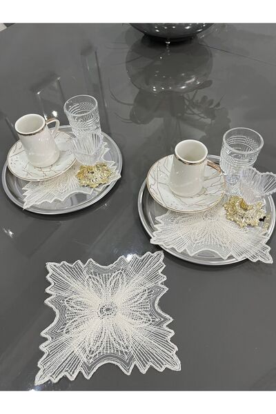 nubu atelier Begonvil model Krem renk Dekoratif Güpür Dantel 2’lı Kahve Kokte...