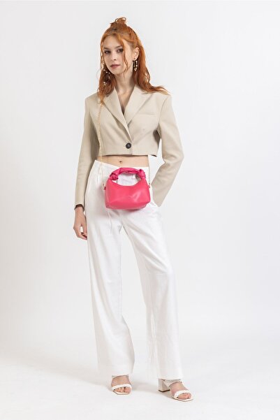 NOTHING Women's Fuchsia Soft Leather Knot Detailed Handled Chain Strap Mini Hand Shoulder Baguette Bag