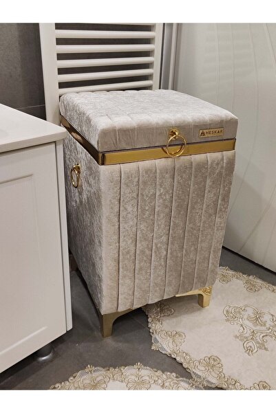 HESKAR HOME Tek Parça Kare Tip Açık Kahverengi Altın Şeritli Kadife Banyo Kir...