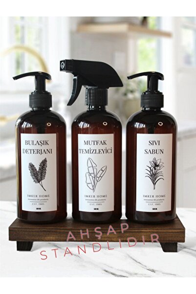 IMKER HOME Ahşap Stantlı Amber Renk Pompalı Bulaşık Deterjanı Fısfıslı Mutfak...