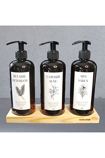 IMKER HOME 3 Gözlü Ahşap Stantlı Amber Bulaşık Deterjanı Çamaşır Suyu Sıvı Sa...