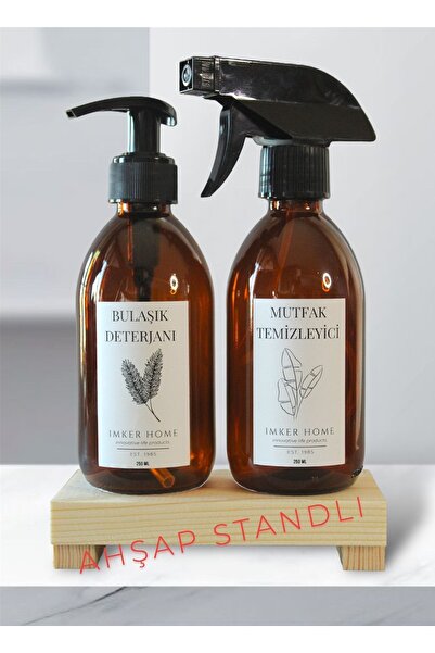 IMKER HOME Ahşap Stantlı Amber Cam Pompalı Bulaşık Deterjanı Fısfıslı Mutfak ...