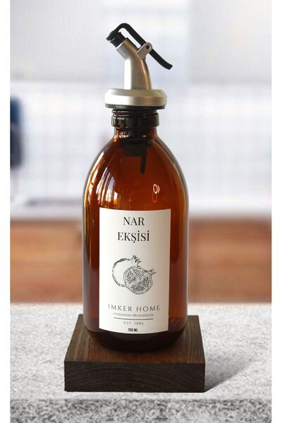 IMKER HOME Ceviz Ahşap Stantlı Amber Cam Damlatmaz Nar Ekşisi Şişesi 250Ml Ya...