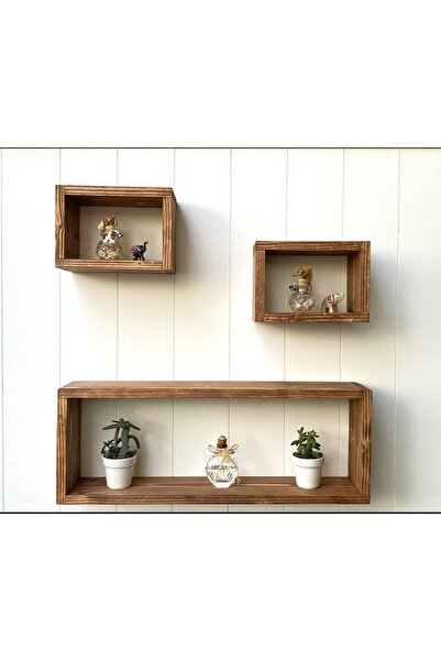 IMKER HOME 3'lü Dikdörtgen Ahşap Duvar Rafı Uçan Raf Banyo Mutfak Salon Antre Duvar Düzenleyici Organizer Terek