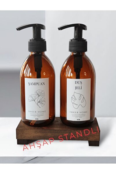 IMKER HOME Ahşap Stantlı Amber Cam Pompalı Şampuan Duş Jeli Şişesi 250Ml Bany...