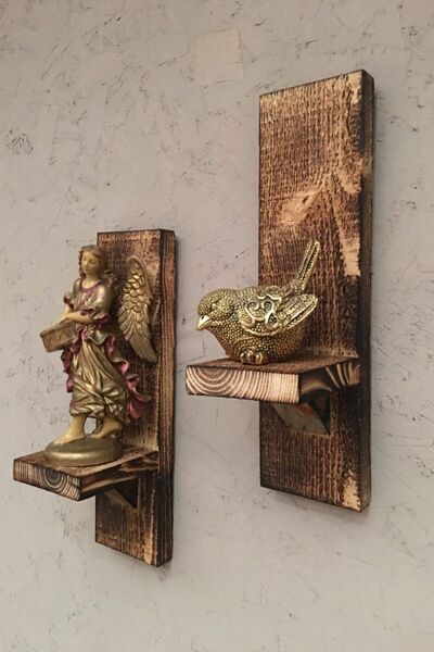 IMKER HOME Rustik Eskitme Ahşap Duvar Mumluk Dekoratif Raf 2 Li