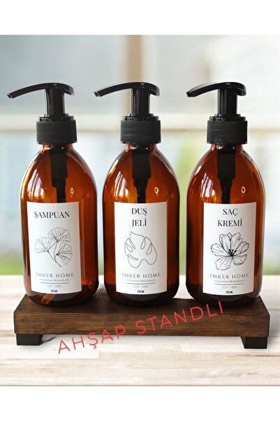IMKER HOME Ahşap Stantlı Amber Cam Pompalı Şampuan Duş Jeli Saç Kremi Şişesi ...