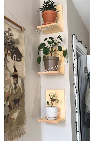 IMKER HOME 3'lü Takım Ham Ahşap Renk Dekoratif Masif Doğal Ahşap Duvar Rafı Ç...
