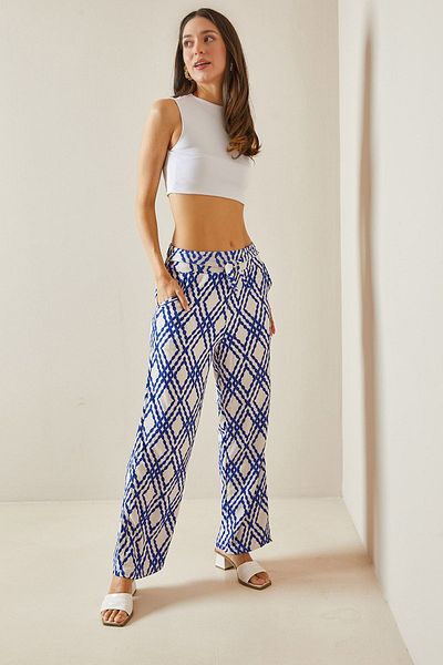 XHAN Blue Patterned Trousers with Wide Legs and Belted - 5YXK5-48554-12