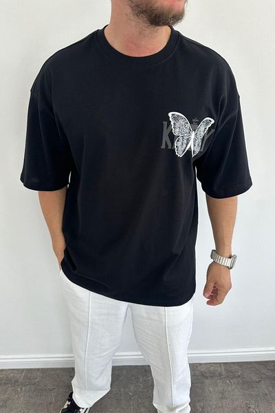MADZEYMODA Ανδρικό Oversize Μαύρο T-Shirt - Crew Neck, Back Printed
