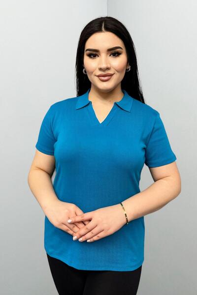 Siyezen Plus Size Polo Neck Cotton Lycra Short Sleeve Blouse