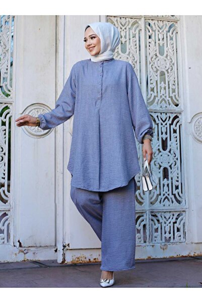 Sfg Life Moda Linen Moon Surface Long Double Pants Set - Hijab Sleeve and Cuff Collar