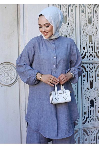 Sfg Life Moda Linen Moon Surface Long Double Pants Set - Hijab Sleeve and Cuff Collar
