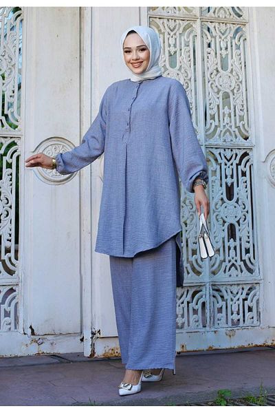Sfg Life Moda Linen Moon Surface Long Double Pants Set - Hijab Sleeve and Cuff Collar