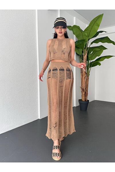 kenza'a Σετ γυναικεία Crop φούστα και πλεκτά με σχοινί