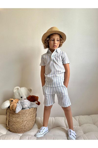 YİGİT BUTİK Yigit Boutique Striped Polo Collar Shorts Set for Boys